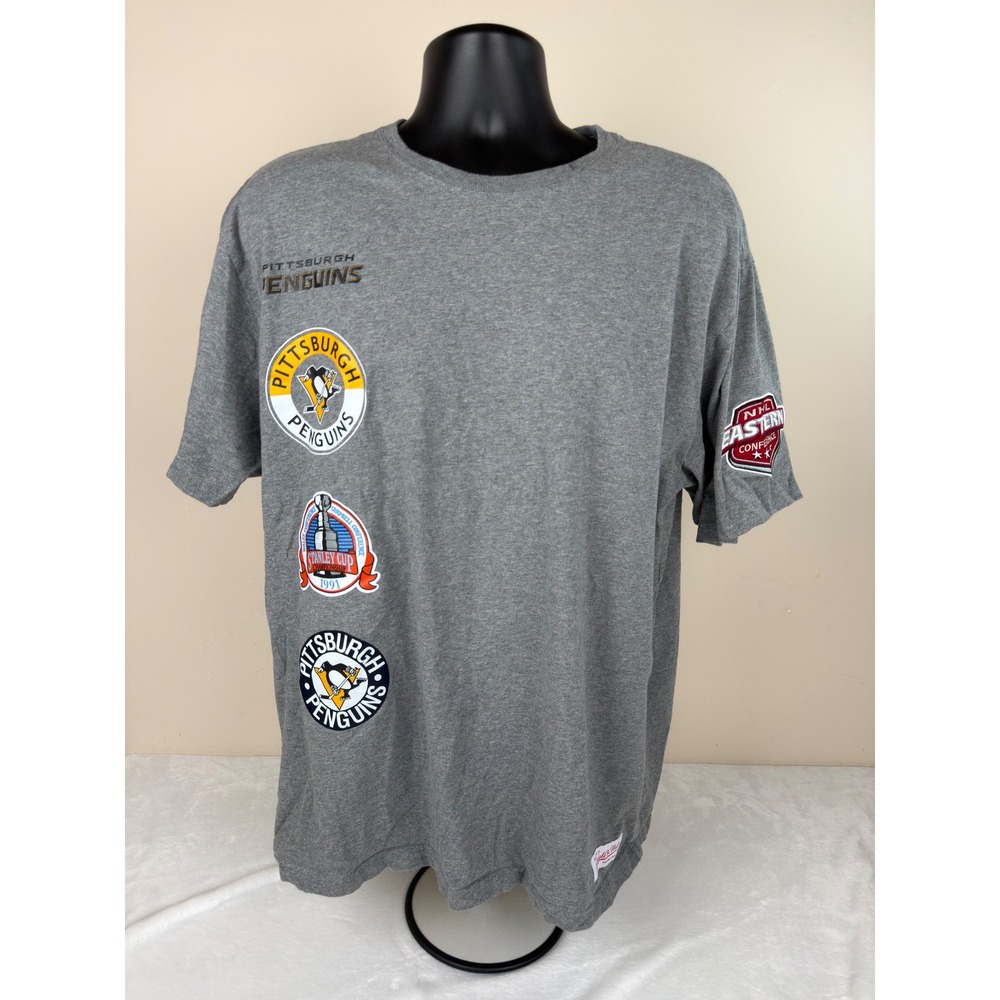 Mitchell & Ness Pittsburgh Penguins NHL Gray Multi Logo T-Shirt Mens XL